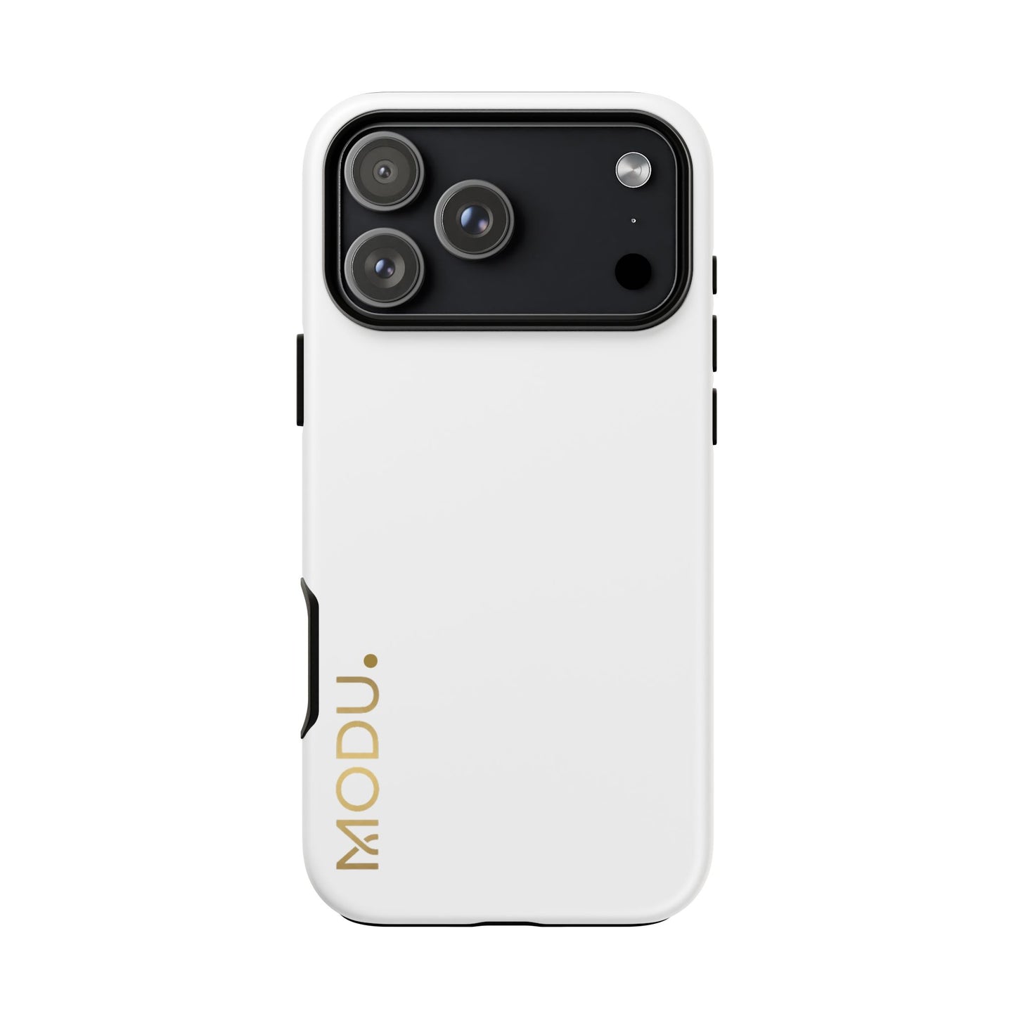 White phone case with 'MODU' branding on a white background